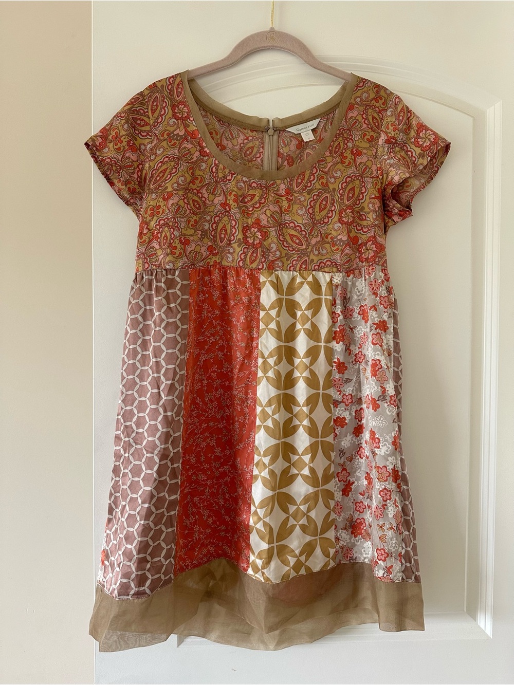 Garnet Hill Silk Patchwork babydoll Mini Dress Small Floral Paisley Pink Tan